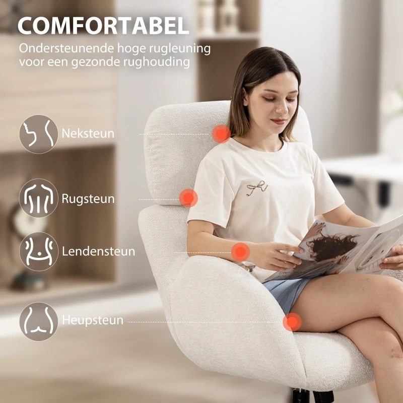 HOMCOM Bureaustoel wit luxe comfortabele grote hoogte verstelbare Velvetstof stalen basis Crèmewit