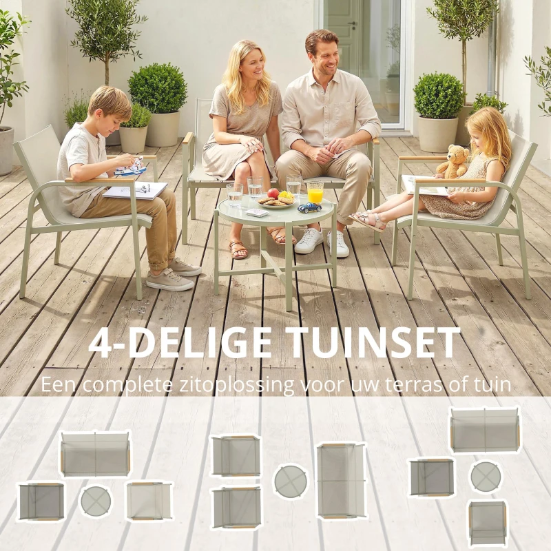 Outsunny Tuinmeubelset Weerbestendig Metaal Zitgroep voor 4 Personen Tuinlounge met Tweezitsbank, 2 Stoelen en Bijzettafel, Groen