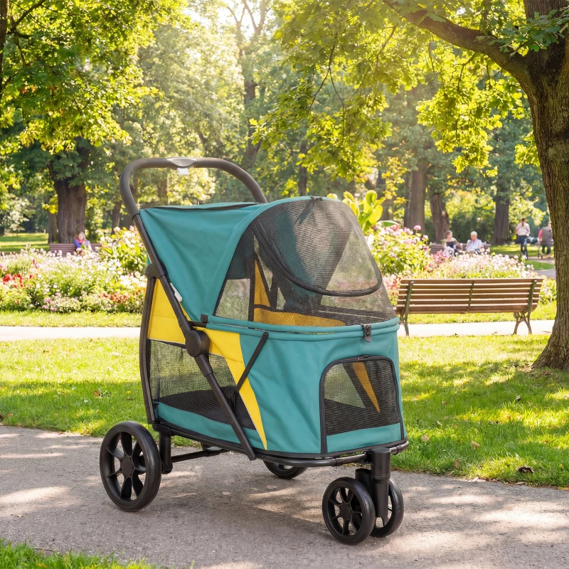 PawHut Hondenwagen opvouwbaar hondenbuggy tot 20kg met kussen, mesh-ramen, achterzak, 92 x 63 x 95 cm Donkergroen