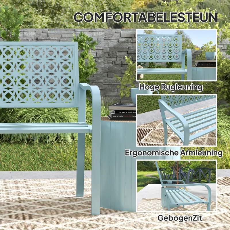 Outsunny Buitenbank, Tuinbank van Staal, Uitgesneden Rugleuning, Armleuningen, voor 2 Personen, Blauw