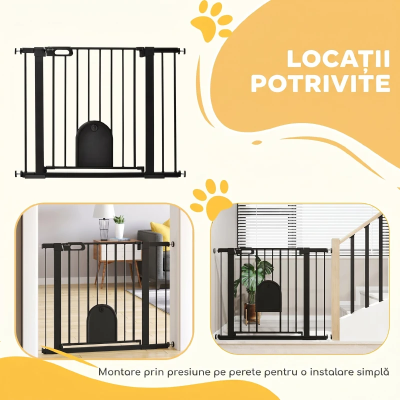 PawHut Poartă Reglabilă pentru Câini cu Ușă Mică și Închidere Automată, 75-103x76cm, Negru