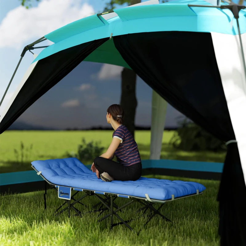 Outsunny Opvouwbaar Campingbed met Matras Hoofdkussen Zijvak 185 x 68 x 37 cm tot 150 kg Donkerblauw