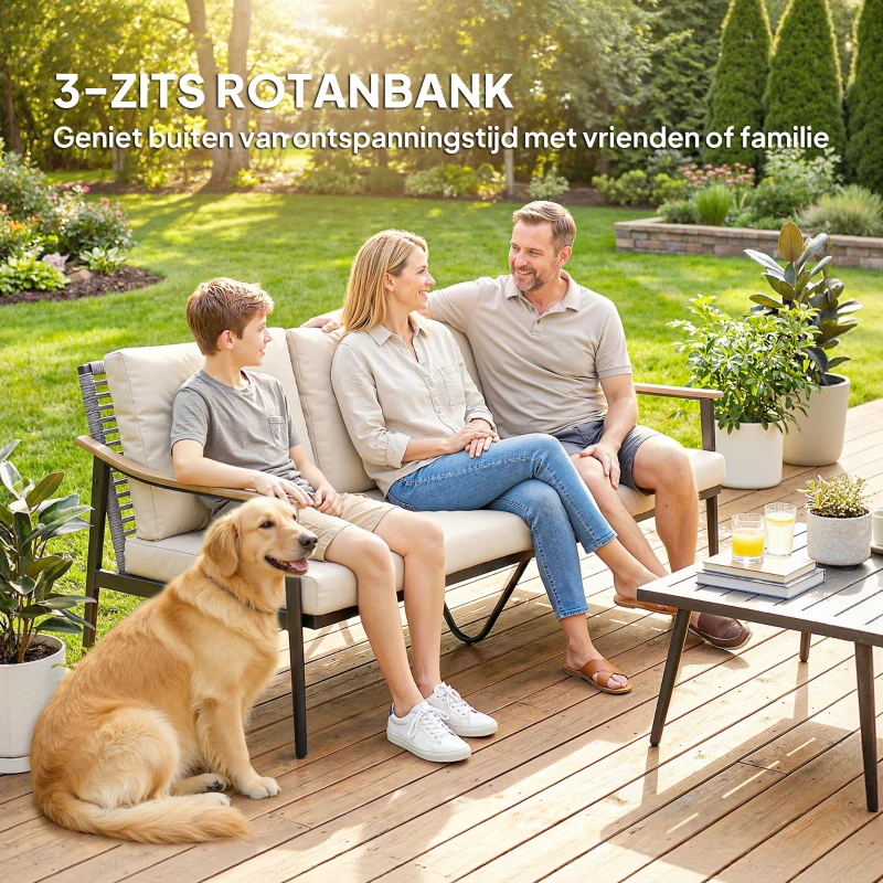 Outsunny Driezits Tuinbank Rotan Loungesofa met Afneembare Kussens Houtlook-Armleuningen Stalen Frame Khaki