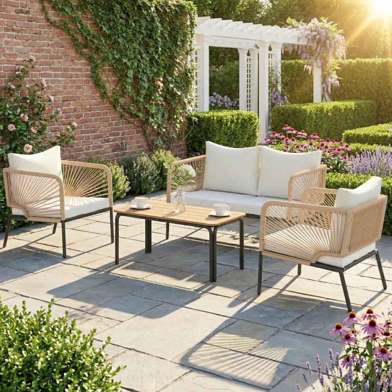 Outsunny Tuinmeubelset Zitgroep voor 4 Personen Tuinlounge met 2-zitsbank, 2 Stoelen, Lamellentafel en Wasbare Kussens