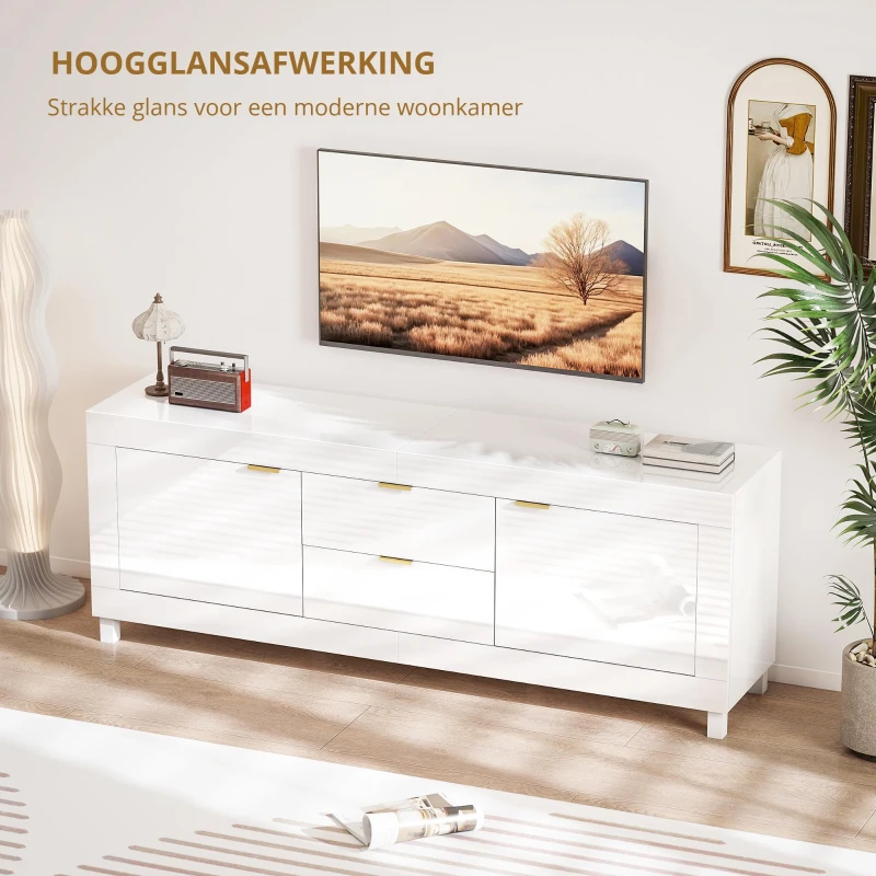 HOMCOM Tv-meubel voor televisies tot 190,5 cm, modern entertainmentcentrum met 2 kasten en 2 lades, hoogglans wit