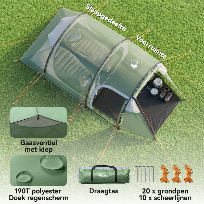 Outsunny Tent voor 3-4 personen 190T tunneltent kampeertent glasvezel donkergroen(m-5)