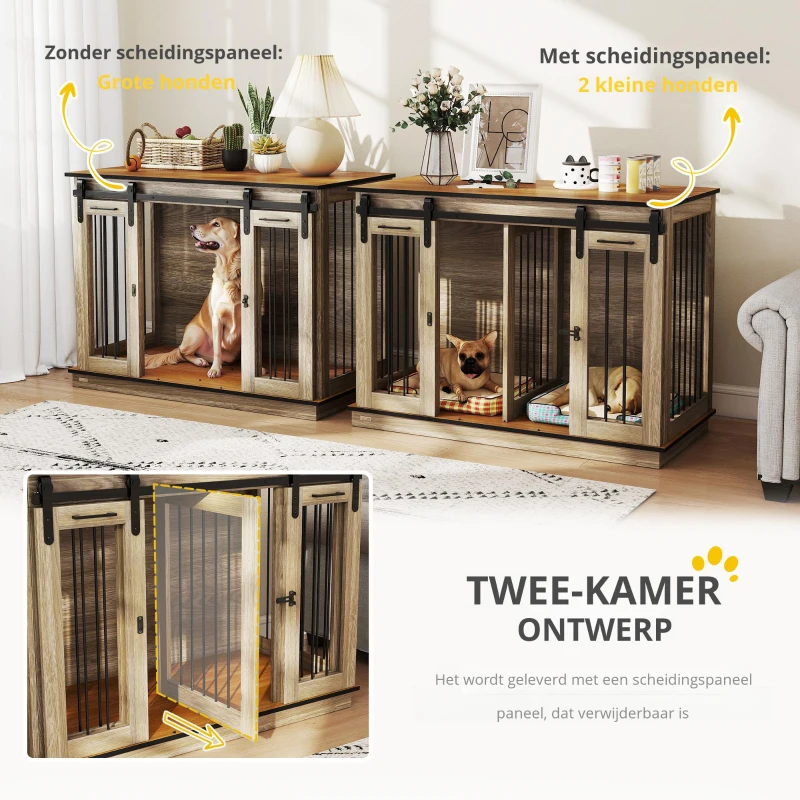 PawHut hondenkooi met 2 deuren, hondenbox, rustiek design, vergrendelbaar, bruin(m-6)
