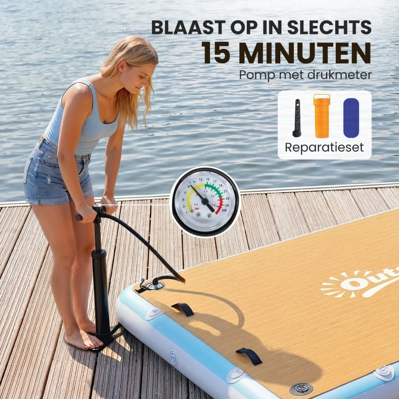 Outsunny Opblaasbaar Dock Zwemplatform 2,4x1,8m Drijvend Platform 4-6 Personen met Antislip Oppervlak Ladder