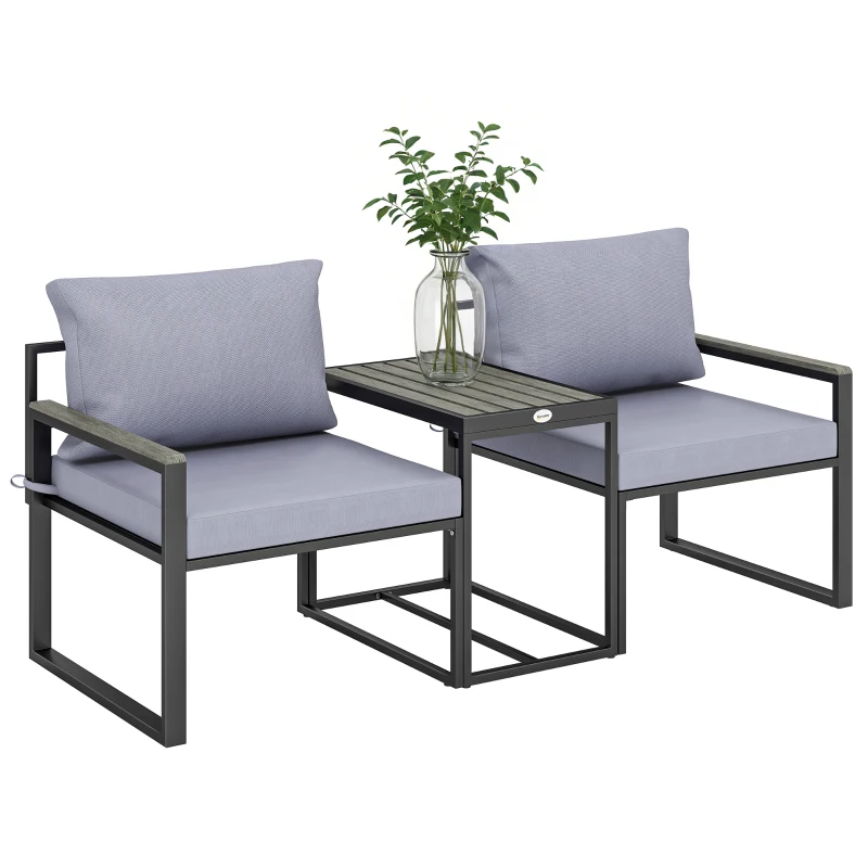 Outsunny 3-teiliges Balkonmöbel Set 2 Sessel mit Tisch abnehmbar Sitz-& Rückenkissen atmungsaktiv Bezug Grau
