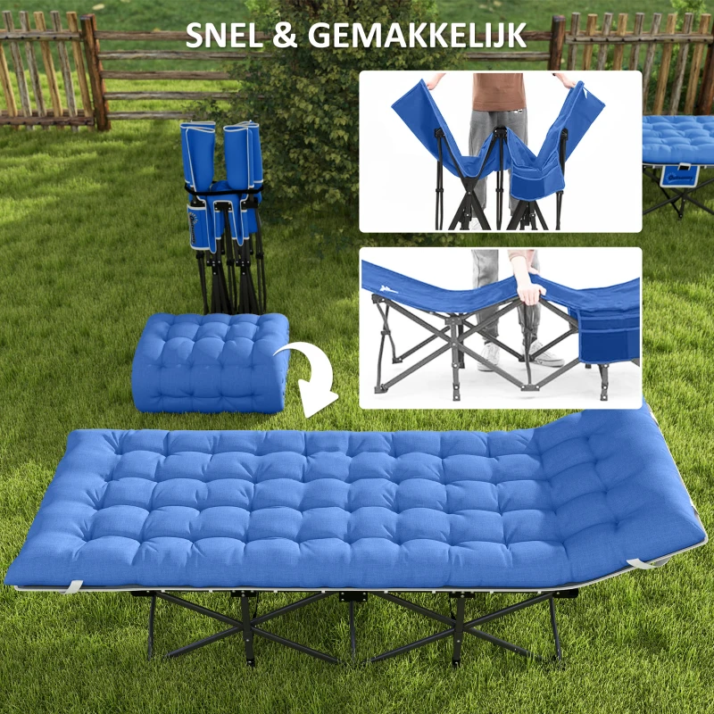 Outsunny Opvouwbaar Campingbed met Matras Hoofdkussen Zijvak 185 x 68 x 37 cm tot 150 kg Donkerblauw