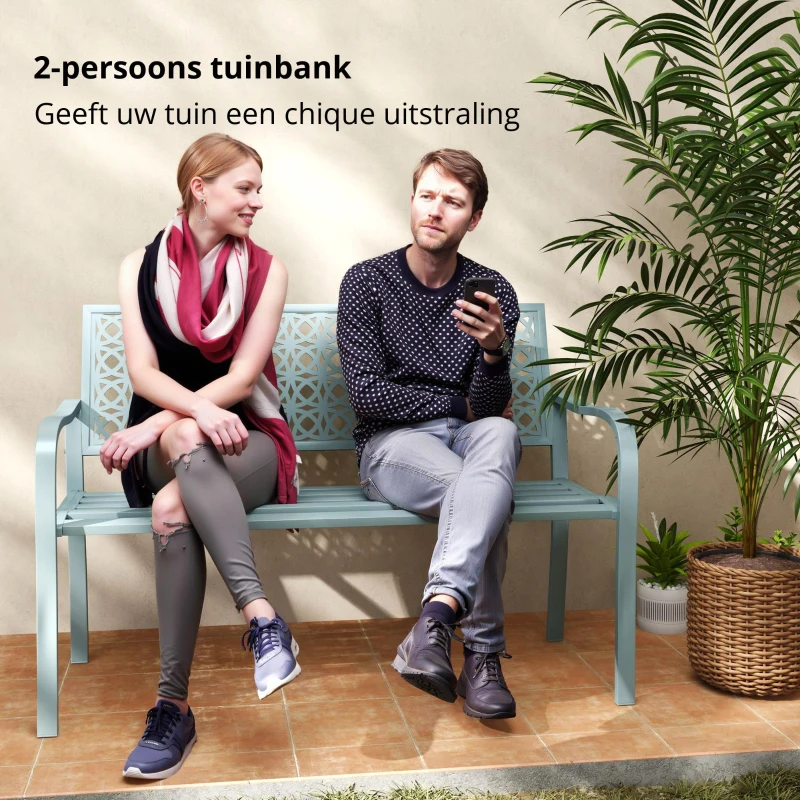 Outsunny Buitenbank, Tuinbank van Staal, Uitgesneden Rugleuning, Armleuningen, voor 2 Personen, Blauw