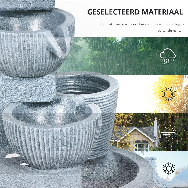 Outsunny Tuinfontein Viertraps Waterval Fontein 57cm Hoogte Zonne-energie LED's voor Tuin, Donkergrijs