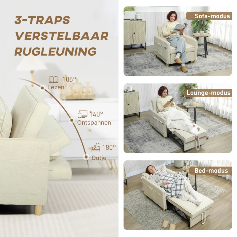 HOMCOM Slaapfauteuil 3-in-1 omvormbare fauteuil met bedfunctie, brede zit voor woonkamer, beige