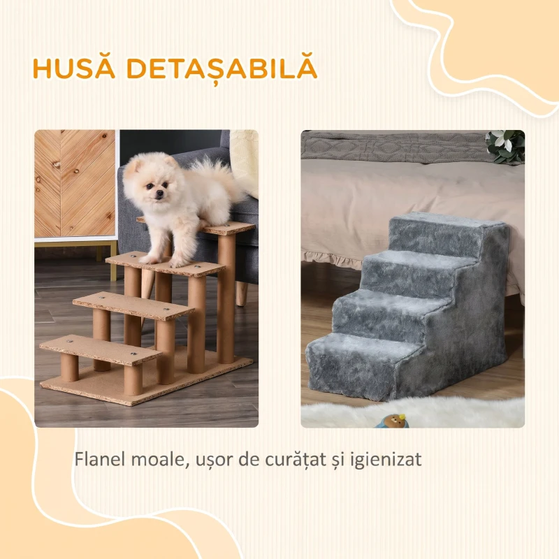 PawHut Scară portabilă pentru câini cu 4 trepte, din material catifelat detașabil și placaj, 60x35x44 cm, gri