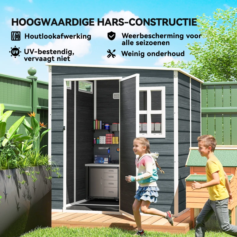 Outsunny Tuinhuis 2,89 m² Tuinschuur met Houtlook 3 Ramen Ventilatie Bodem Slot Handschoenen 182 x 182 x 196 cm