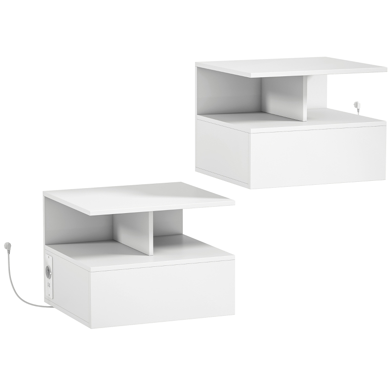 HOMCOM Lot de 2 Tables de Chevet Suspendues : Station de Recharge, Tiroir, Étagère, Blanc