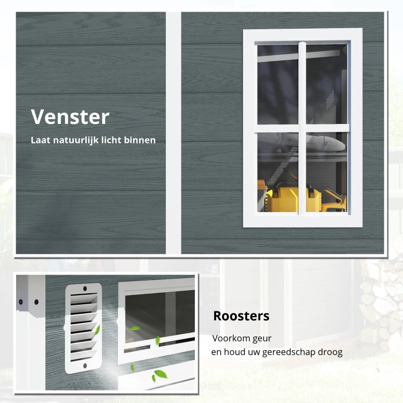 Outsunny Tuinhuis 2,89 m², Tuinschuur met houtlook 3 ramen Dubbele Deur Ventilatie Bodem Slot, 182 x 182 x 196 cm