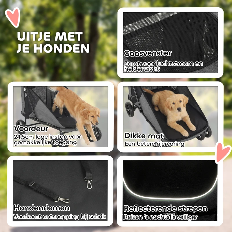 PawHut Hondenwagen inklapbaar hondenbuggy voor grote honden tot 30 kg met 360° draaibare wielen, gaasvensters, kussen en verstelbare handgreep, grijs