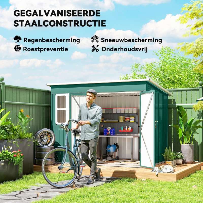 Outsunny Metalen schuur voor het opbergen van tuingereedschap, met raam, brede deur, 260 x 177 x 190 cm, groen