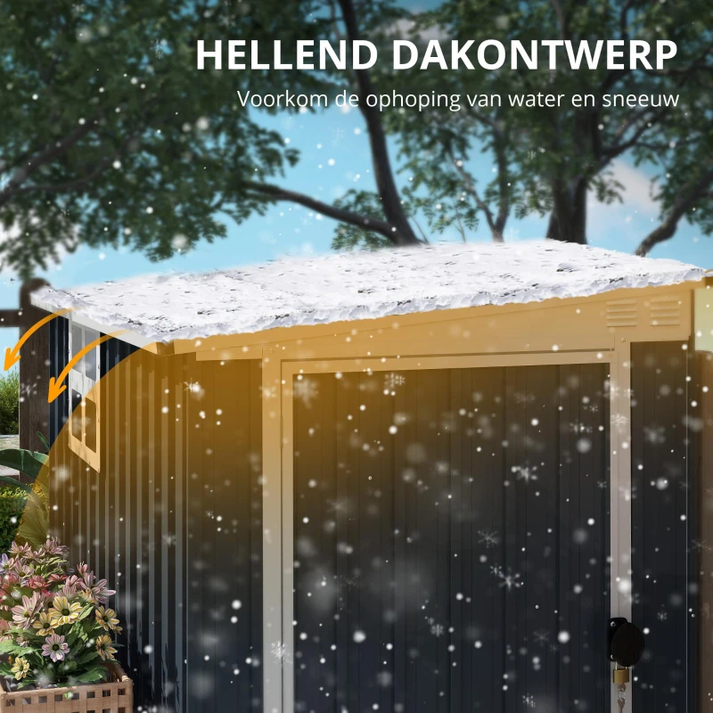Outsunny Tuinopslagschuur, Gereedschapsschuur voor Tuingereedschap, met Venster, Ventilatieopeningen, Afsluitbaar, Staal, Donkergrijs(m-7)