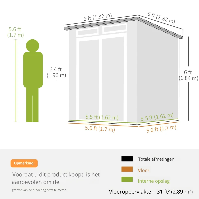 Outsunny Tuinhuis 2,89 m², Tuinschuur met houtlook 3 ramen Dubbele Deur Ventilatie Bodem Slot, 182 x 182 x 196 cm