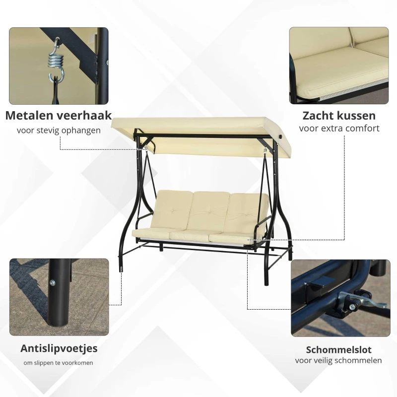 Outsunny Schommelbank, Hollywoodschommel met Zonnescherm, Tuinschommel, Verandaschommel, 3-zits, Schommelbed