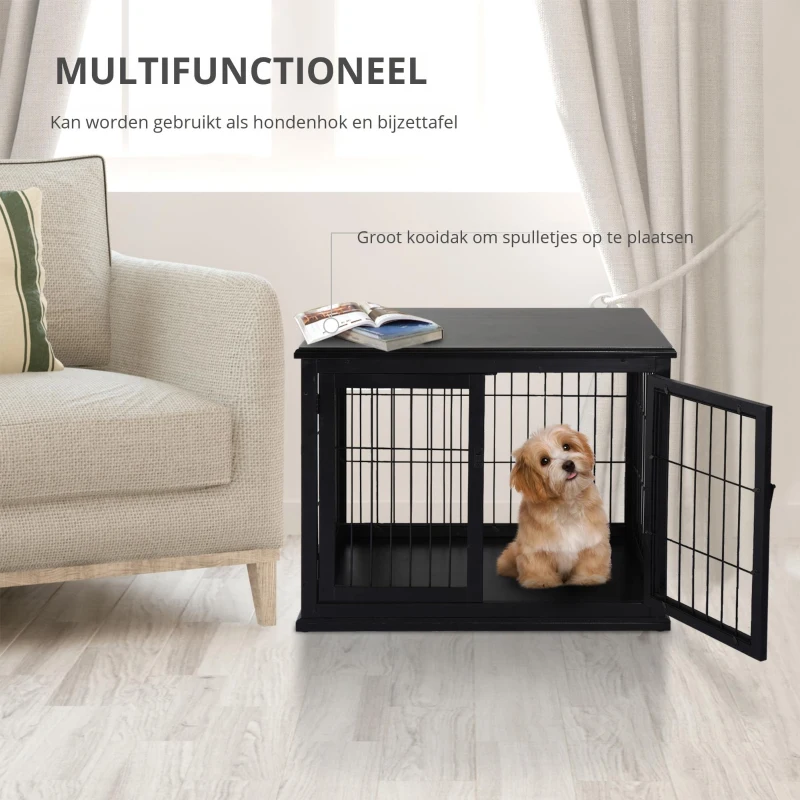 PawHut Hondenkooi voor thuis binnen hondenbench hondenhuis huisdier 2 deuren zwart(m-7)