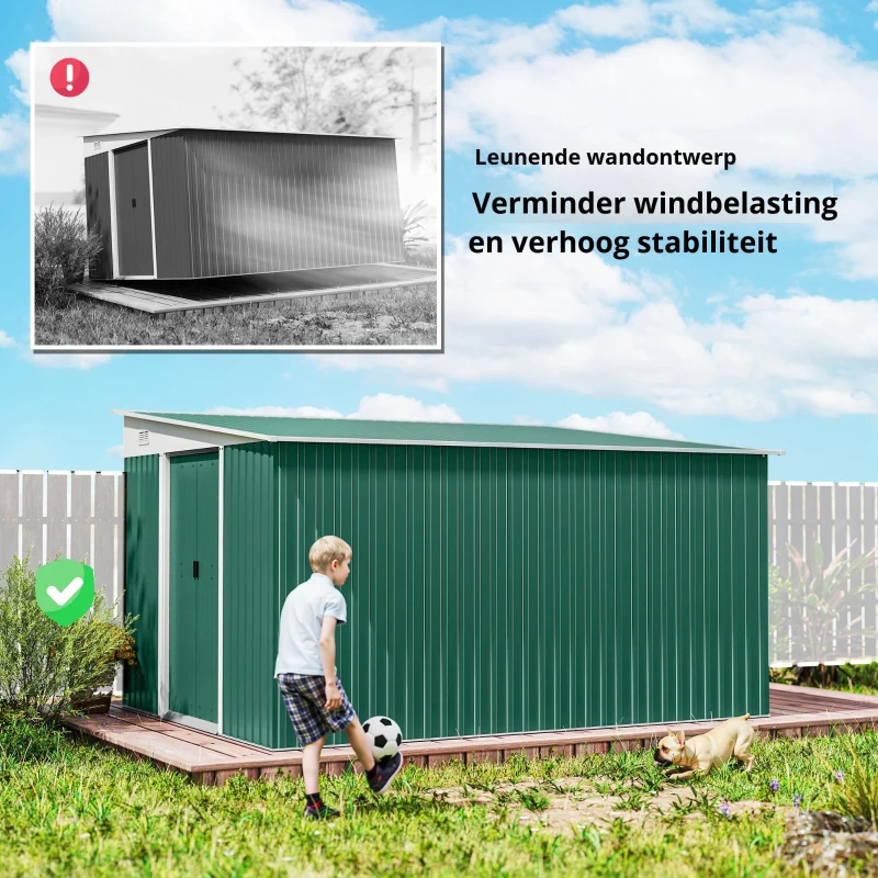 Outsunny Metalen Tuinschuur Schuin Dak Afsluitbare Dubbele Deur 2,8 x 3,45 x 2,01m Groen(m-6)