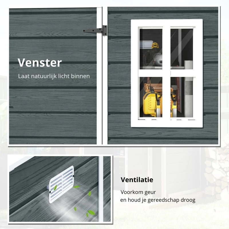 Outsunny Tuinhuis 2,89 m² Tuinschuur met Houtlook 3 Ramen Ventilatie Bodem Slot Handschoenen 182 x 182 x 196 cm
