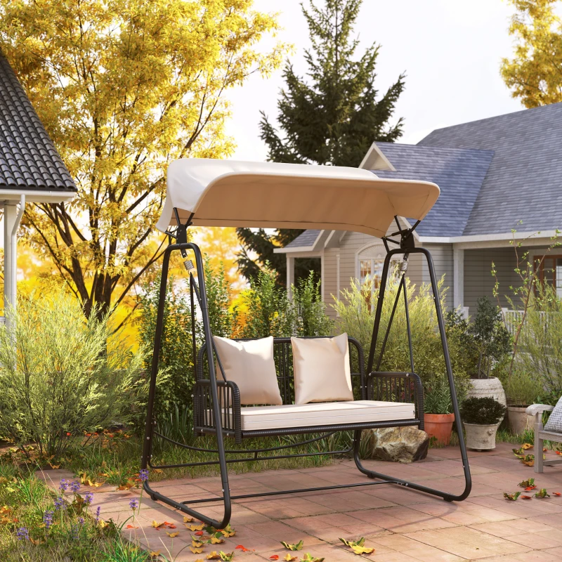 Outsunny Rattan Hollywoodschommel voor 2 Personen met Zonnedak en Kussens, Belastbaar tot 240 kg, 149 x 121 x 180 cm, Khaki