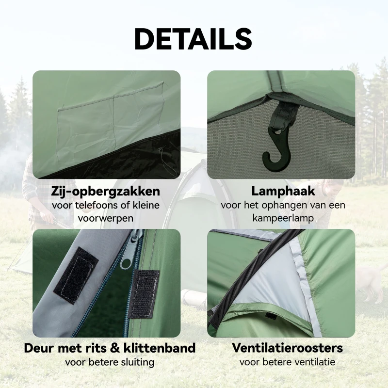 Outsunny Tent voor 3-4 personen 190T tunneltent kampeertent glasvezel donkergroen(m-7)