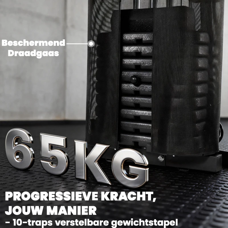 SPORTNOW Krachtstation fitnessstation met 65 kg gewichten, lat-trek, butterflystang, verstelbare preacherbank, beentrainer