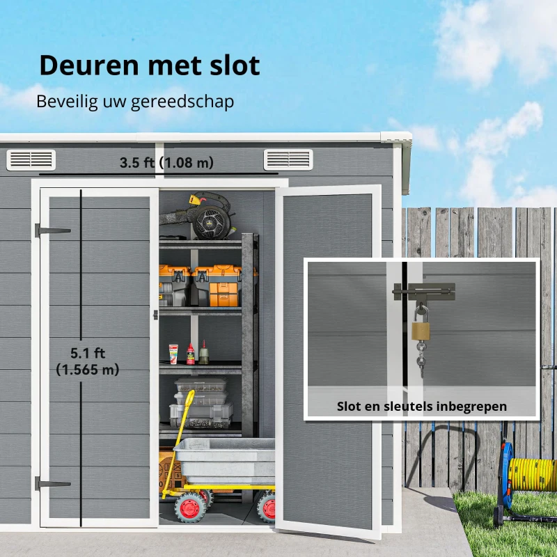 Outsunny 2,4 x 1,3 m Tuinschuur, Kunststof Tuinhuis met Bodem, Raam, Afsluitbare Deuren, voor Tuin, Terras, Grijs