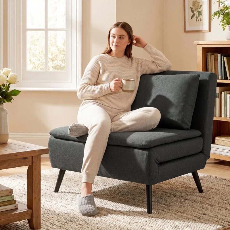 HOMCOM Fauteuil-lit 3-en-1 pliable, fauteuil-lit aspect lin avec dossier réglable, ressorts en S, pieds en métal, gris foncé