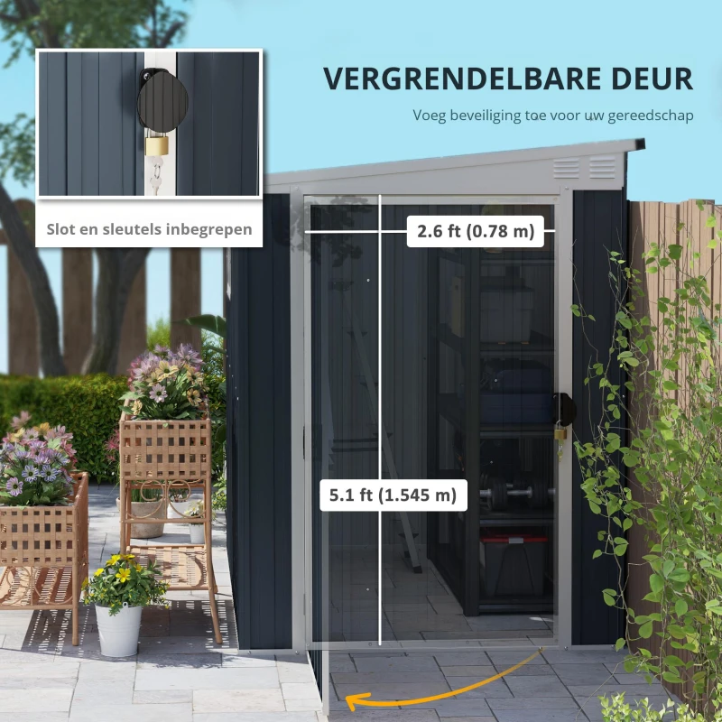 Outsunny Tuinopslagschuur, Gereedschapsschuur voor Tuingereedschap, met Venster, Ventilatieopeningen, Afsluitbaar, Staal, Donkergrijs(m-6)