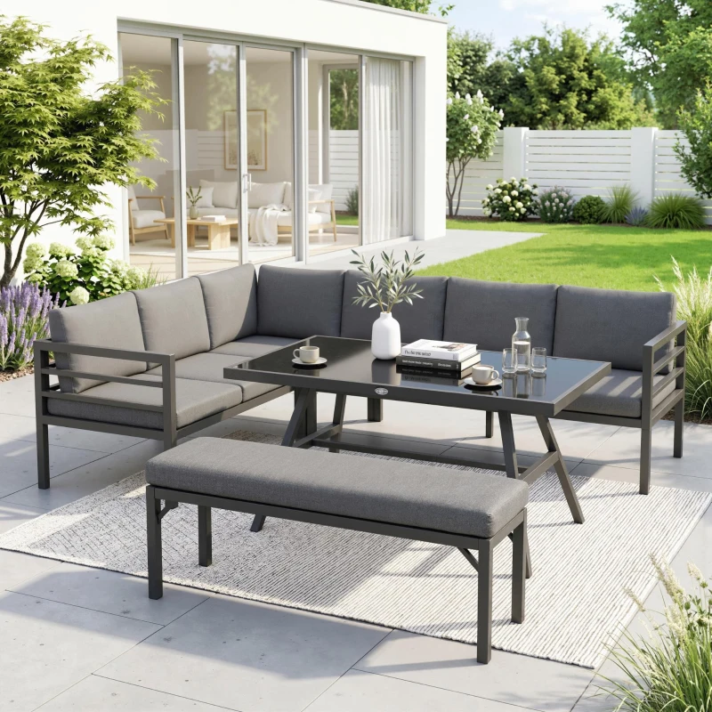 Outsunny 4 Piece L-shaped Garden Furniture Set 8-Seater Aluminium Outdoor Dining Set Conversation Sofa Set w/ Bench, Dining Table & Cushions, Grey