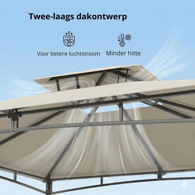 Outsunny Paviljoen 3x3m Waterafstotend Stabiel Winterbestendig Tuinpaviljoen met inklapbaar Bovenframe Dubbel Dak Crèmewit