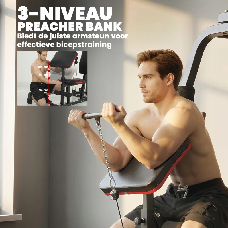 SPORTNOW Krachtstation fitnessstation met 65 kg gewichten, lat-trek, butterflystang, verstelbare preacherbank, beentrainer