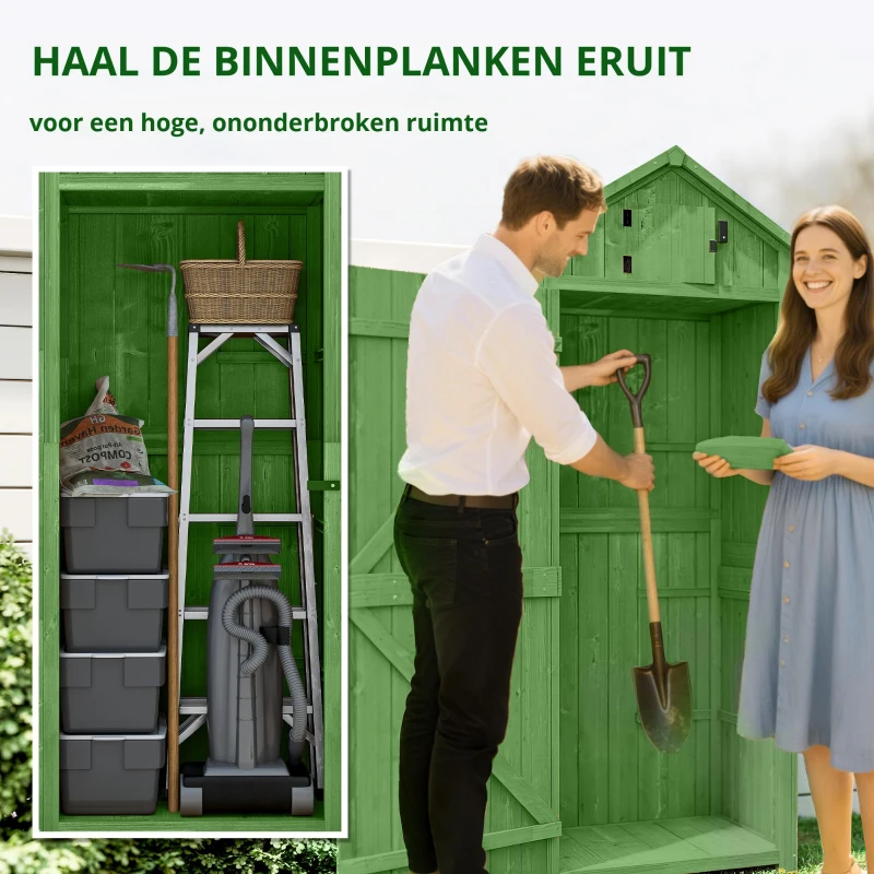Outsunny Tuinkast hout 3 planken asfalt dak ventilatie afsluitbare deur tuin Groen