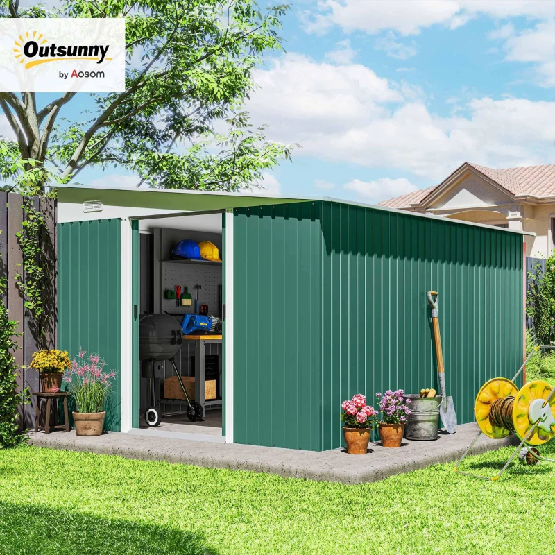 Outsunny Metalen Tuinschuur Schuin Dak Afsluitbare Dubbele Deur 2,8 x 3,45 x 2,01m Groen(m-10)