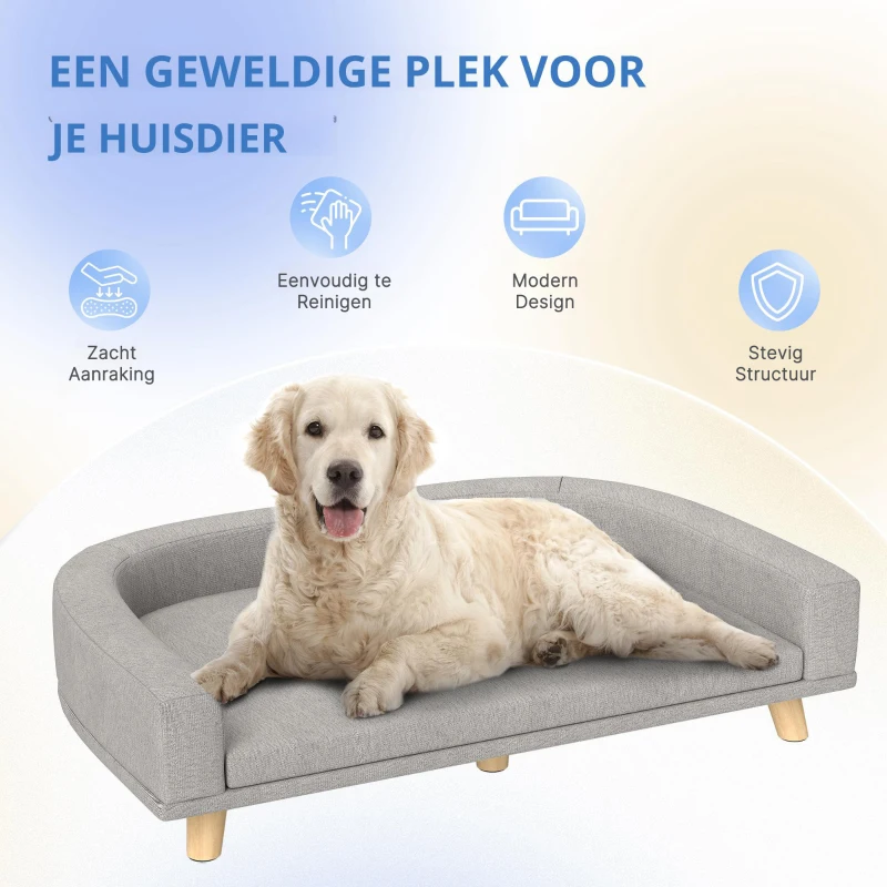 PawHut Hondensofa voor Grote Honden tot 30 kg, Gepolsterd, met Grenenhouten Poten, 98 x 67 x 25 cm, Grijs(m-5)