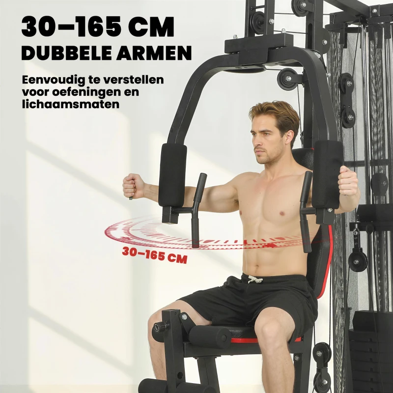 SPORTNOW Krachtstation fitnessstation met 65 kg gewichten, lat-trek, butterflystang, verstelbare preacherbank, beentrainer