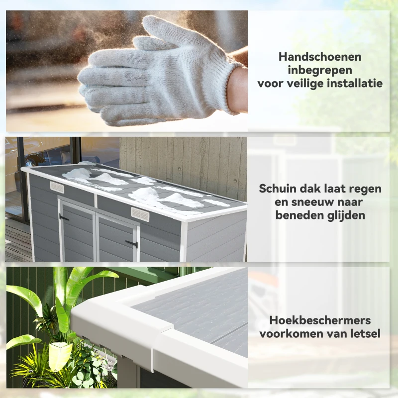 Outsunny 2,4 x 1,3 m Tuinschuur, Kunststof Tuinhuis met Bodem, Raam, Afsluitbare Deuren, voor Tuin, Terras, Grijs