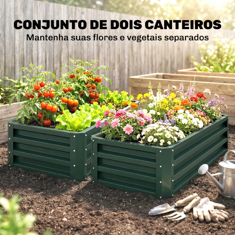 Outsunny Conjunto de 2 Floreiras Grandes para Exterior em Aço Galvanizado Hortas para Terraço Jardim 110x50x30 cm Verde