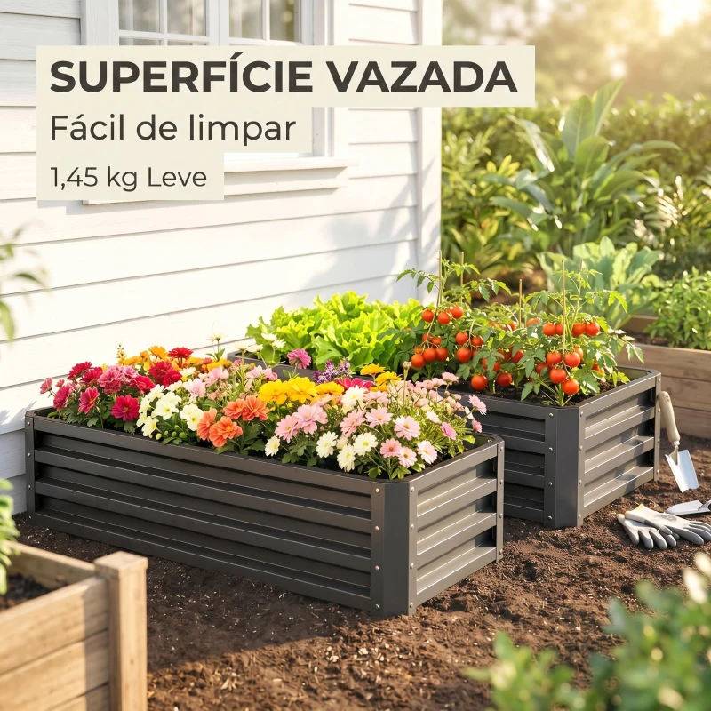 Outsunny Conjunto de 2 Floreiras Grandes para Exterior em Aço Galvanizado Hortas para Terraço Jardim 110x50x30 cm Cinzento