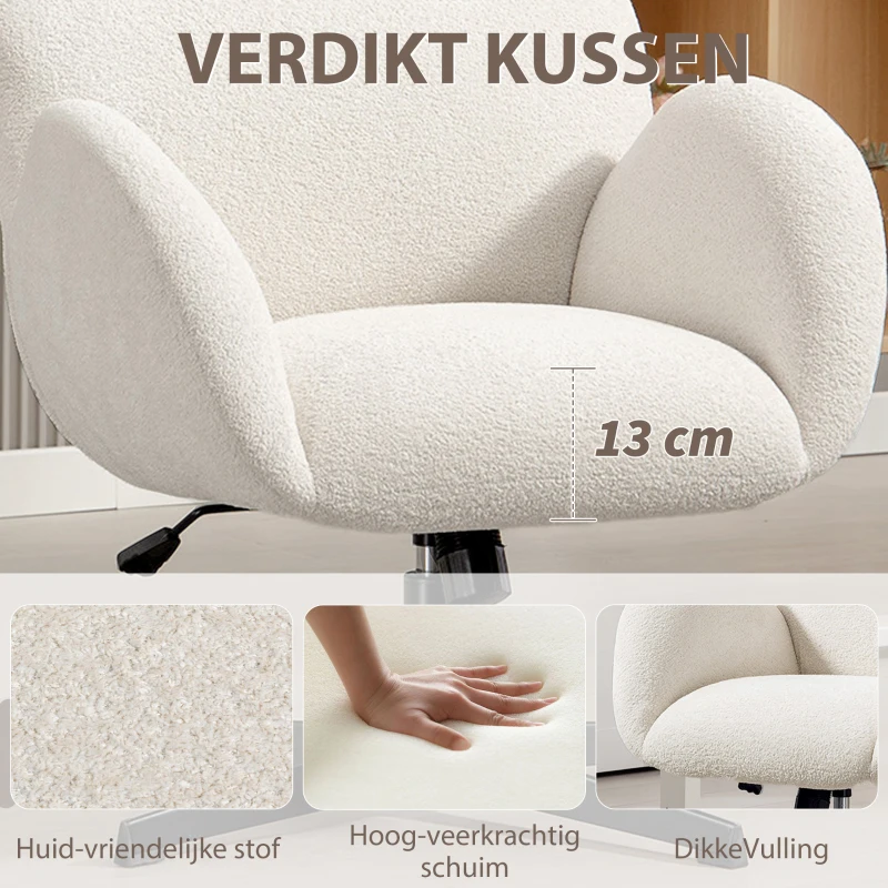 HOMCOM Bureaustoel wit luxe comfortabele grote hoogte verstelbare Velvetstof stalen basis Crèmewit
