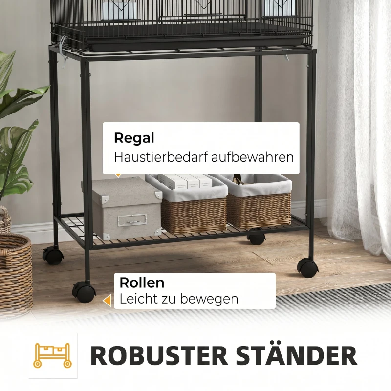 PawHut Cușcă pentru Păsări din Oțel și PP, Design Suprapus cu Stinghii, Leagăne și Scărițe, 77x46x164 cm, Negru