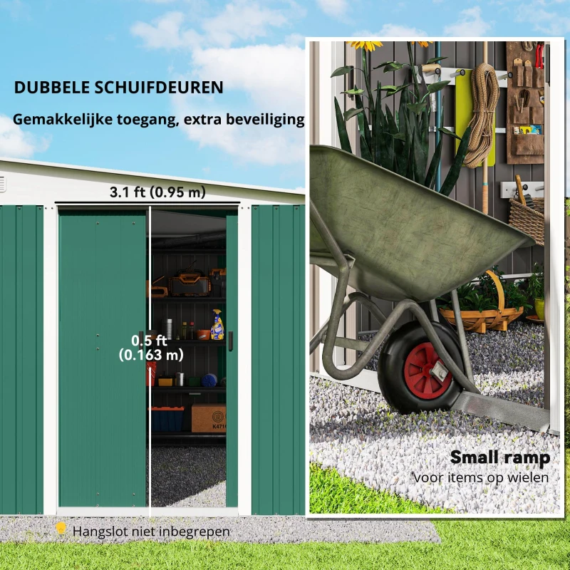 Outsunny Metalen Tuinschuur Schuin Dak Afsluitbare Dubbele Deur 2,8 x 3,45 x 2,01m Groen(m-5)