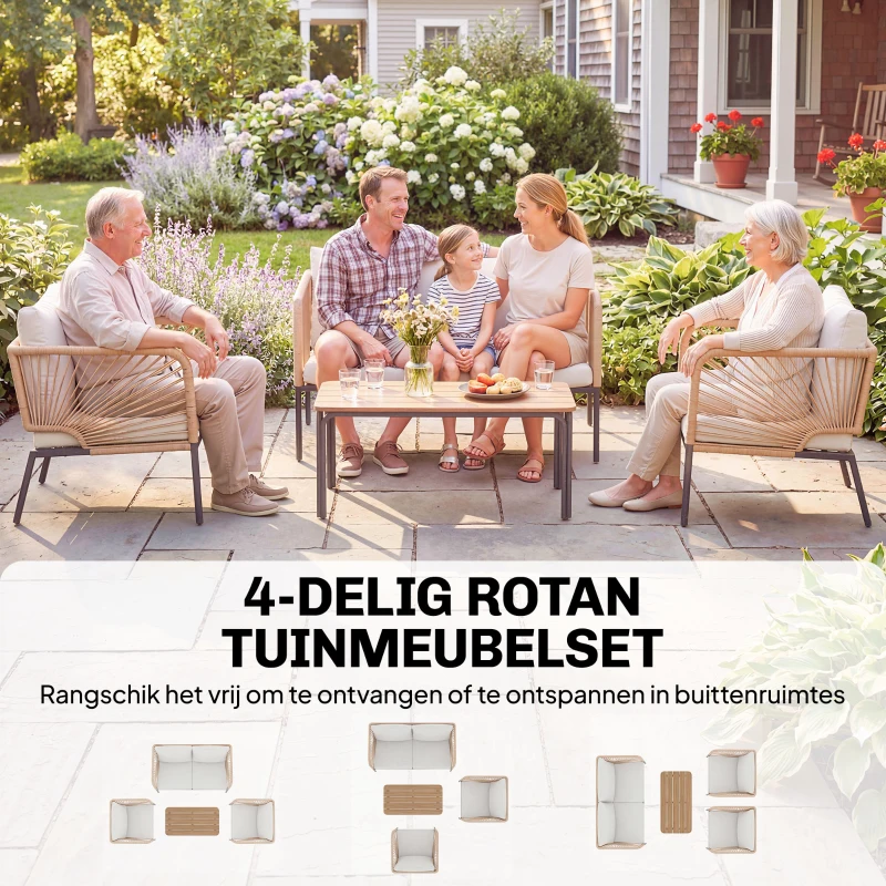 Outsunny Tuinmeubelset Zitgroep voor 4 Personen Tuinlounge met 2-zitsbank, 2 Stoelen, Lamellentafel en Wasbare Kussens