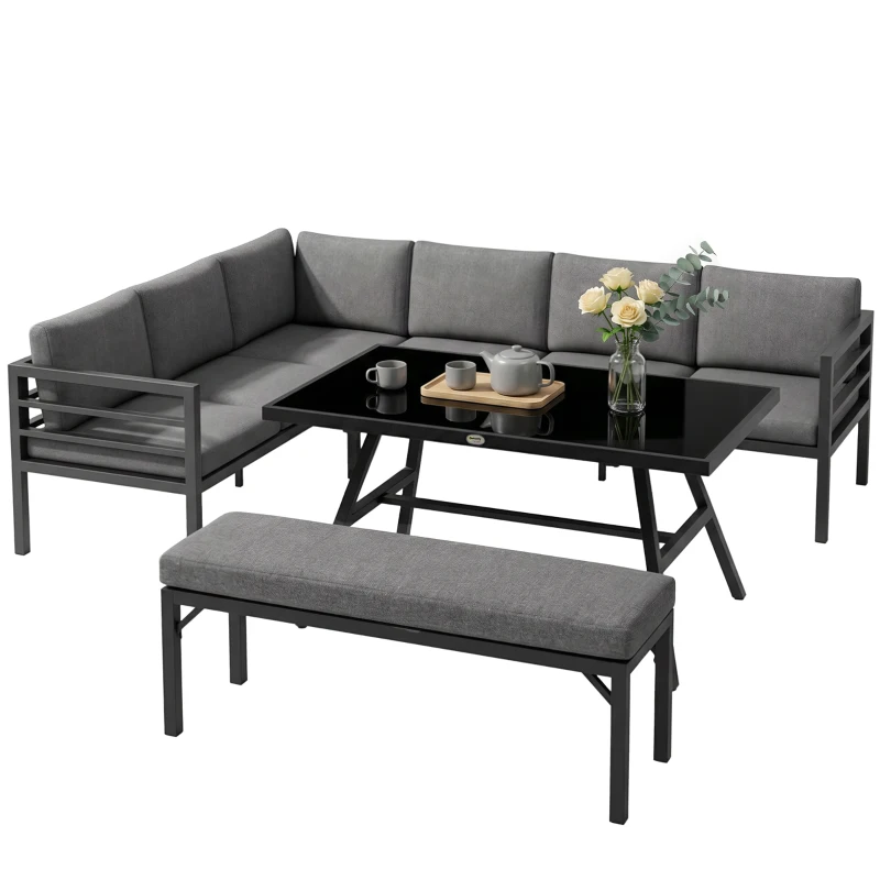 Outsunny 4 Piece L-shaped Garden Furniture Set 8-Seater Aluminium Outdoor Dining Set Conversation Sofa Set w/ Bench, Dining Table & Cushions, Grey